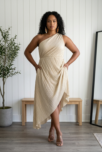 Pleated One Shoulder Midi Dress