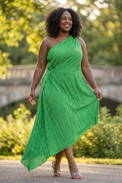Pleated One Shoulder Midi Dress
